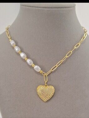 Multi diamonds heart Pendant Paperclips Enamel Pearls necklace
